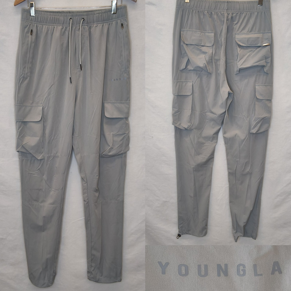Young LA Cargo Joggers Unisex L Gray Lightweight 3D Pockets Elastic Waist #W5577